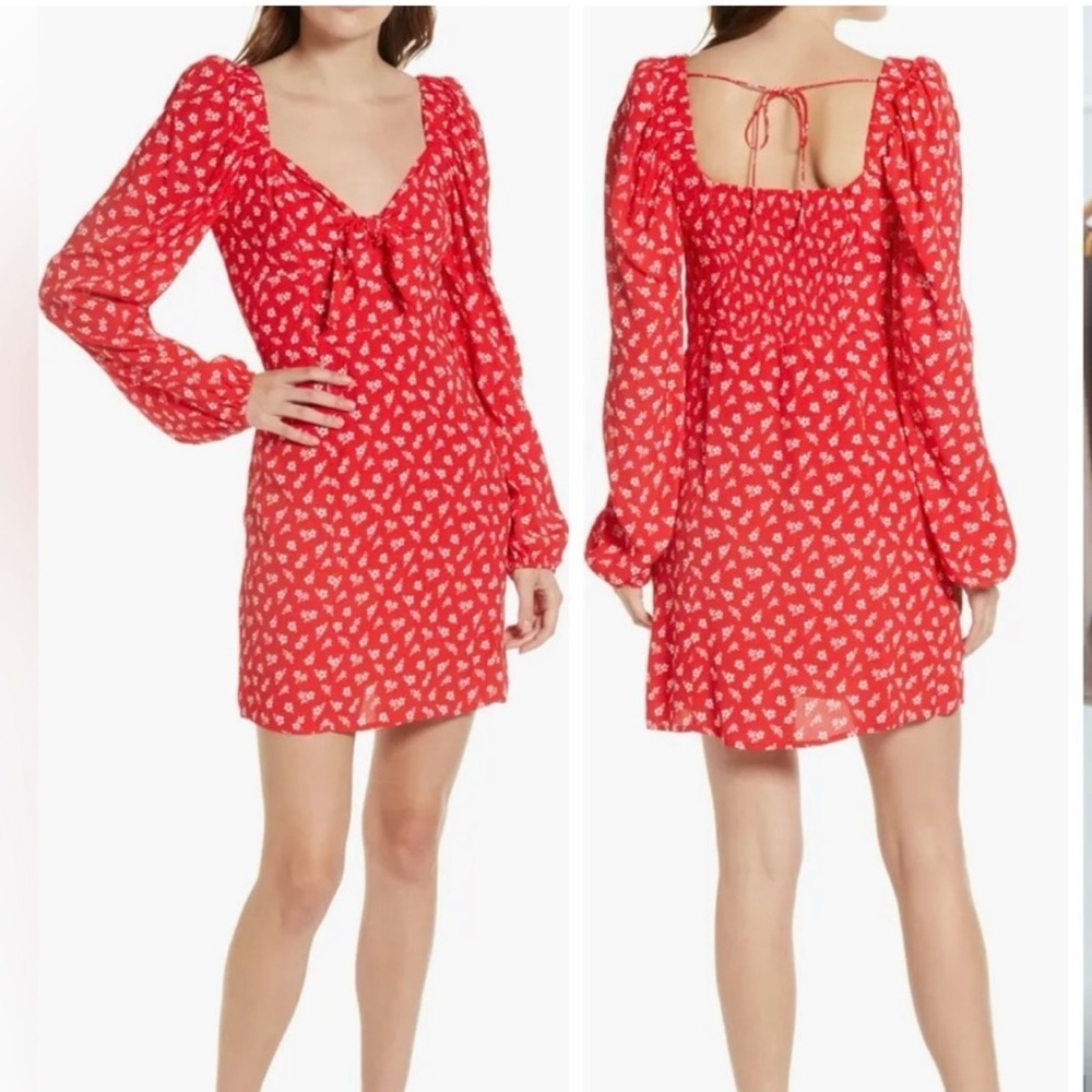 & Other Stories Ditsy Floral Bow Detail Mini Dress 2 Red Milkmaid Coquette